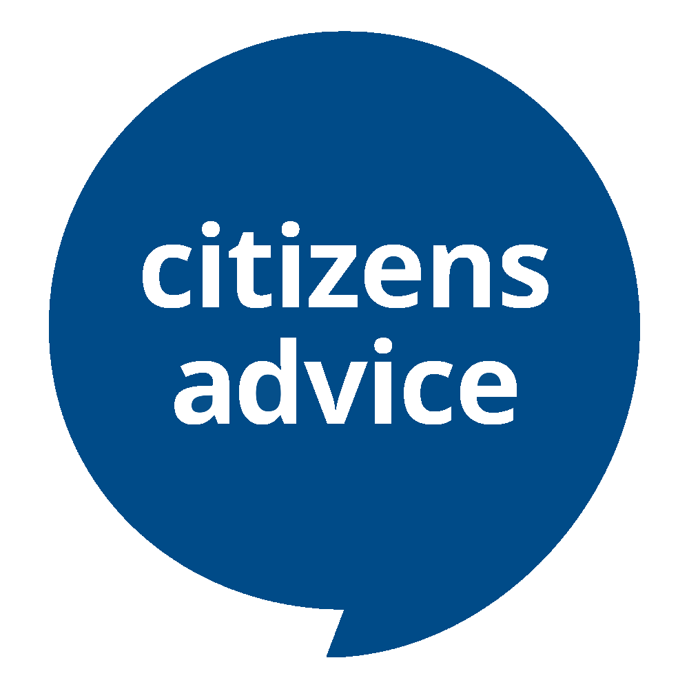 White speech bubble with purple text that says "Citizens Advice"