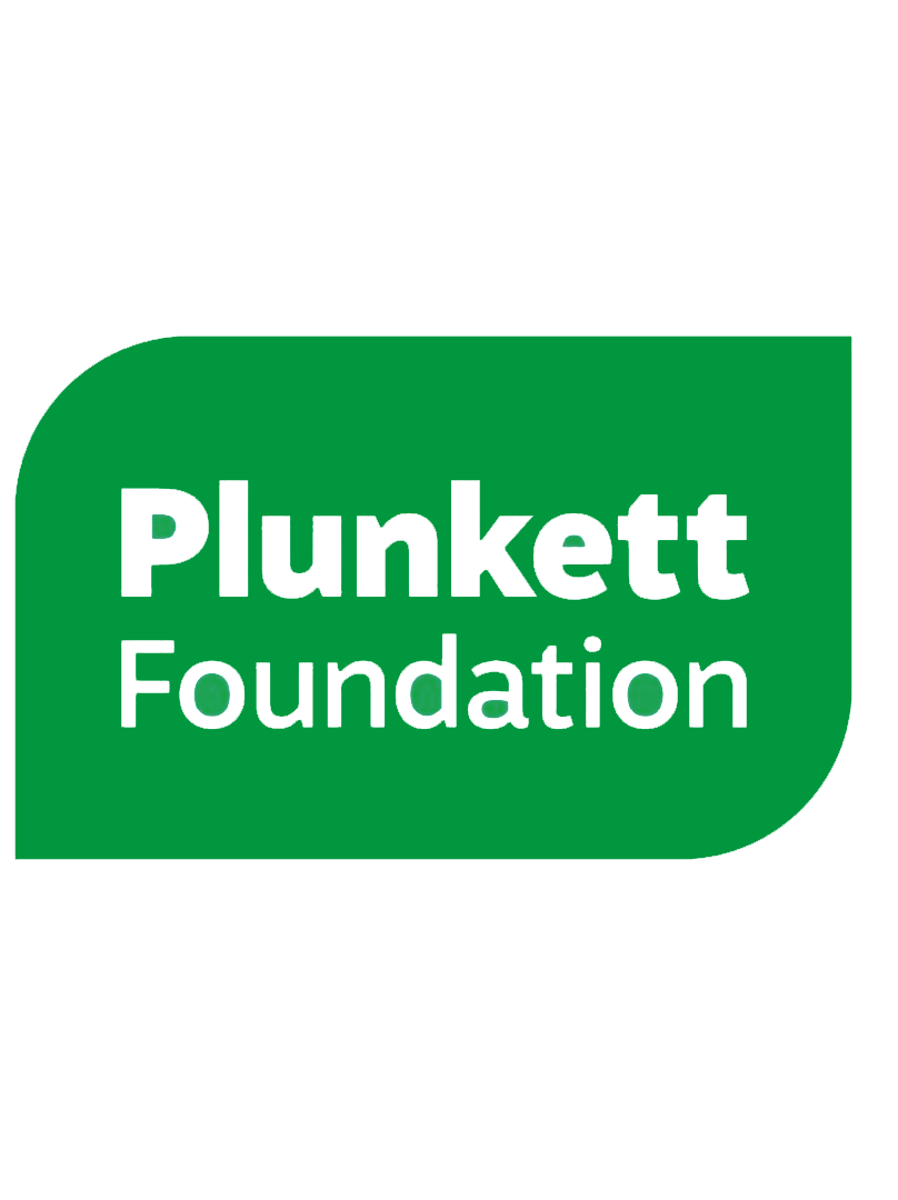 A white curved rectangle with the purple text "Plunkett Foundation" on it