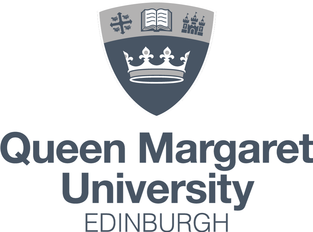 A white shield above text that reads "Queen Margaret University Edinburgh"