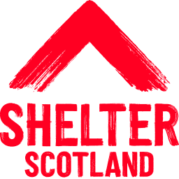 A white triangle that looks like a painted rooftop, with the words "Shelter Scotland" in white below it