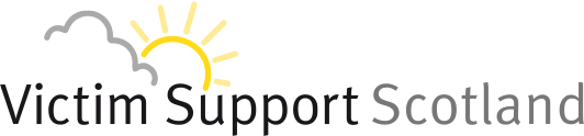 White Text that Says "Victim Support Scotland" with a white logo of a cloud and sunrise logo behind it