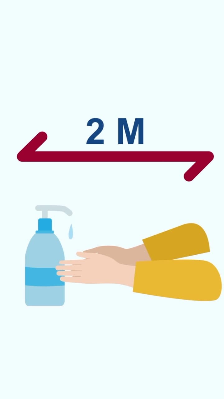 An image of some animated hands and arms and a bottle of sanitiser. The arms have yellow sleeves on. Above the is an arrow that says "2M"