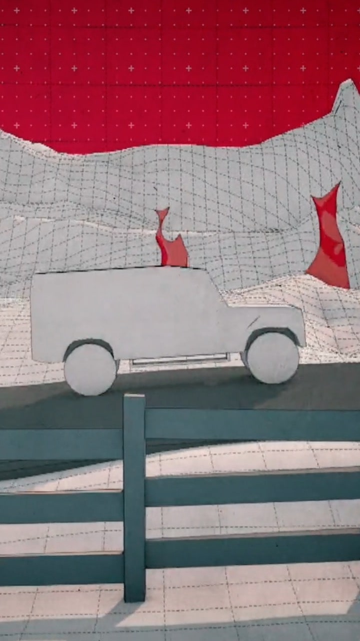 A simplistic animated rendition of a car driving along a road. In Front of it is a fence, and behind a simple rendition of hills in white - all on a red background