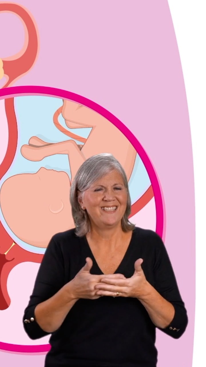 An image of a British Sign Language interpreter signing in front of a image of a baby in the womb. She is wearing a black shirt and has medium grey hair